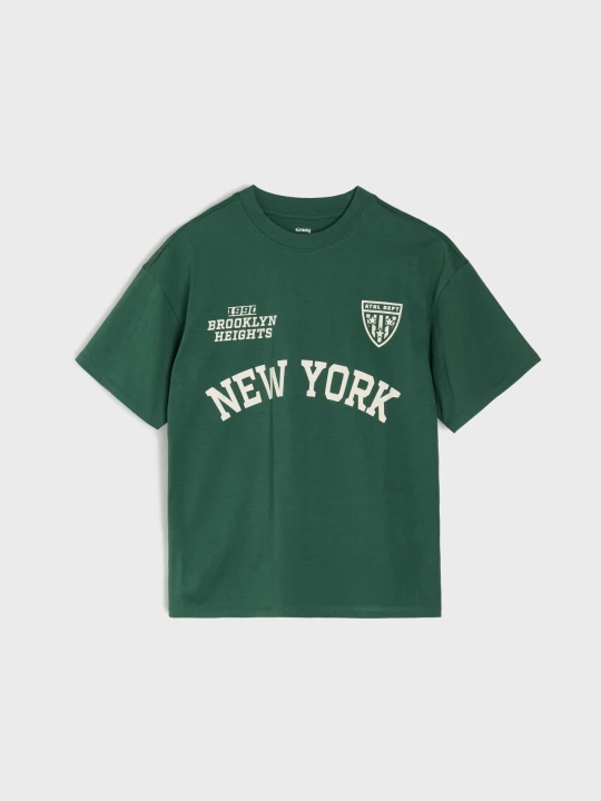 Zdjęcie produktu Sinsay - Bawełniana koszulka oversize z napisem New York - green spruce