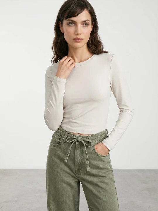 Zdjęcie produktu Sinsay - Bawełniana koszulka slim fit z długim rękawem - kremowy