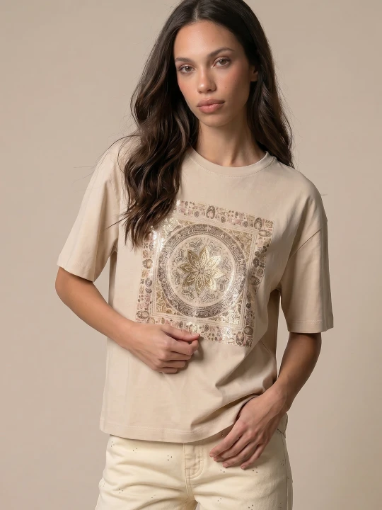 Zdjęcie produktu Sinsay - Bawełniana koszulka w stylu boho - beżowy