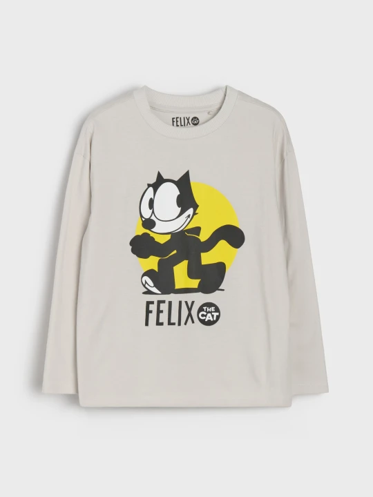 Zdjęcie produktu Sinsay - Bawełniana koszulka z długim rękawem z nadrukiem Felix Cat - kremowy