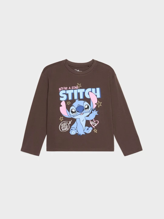 Zdjęcie produktu Sinsay - Bawełniana koszulka z długim rękawem z nadrukiem Stitch - brązowy