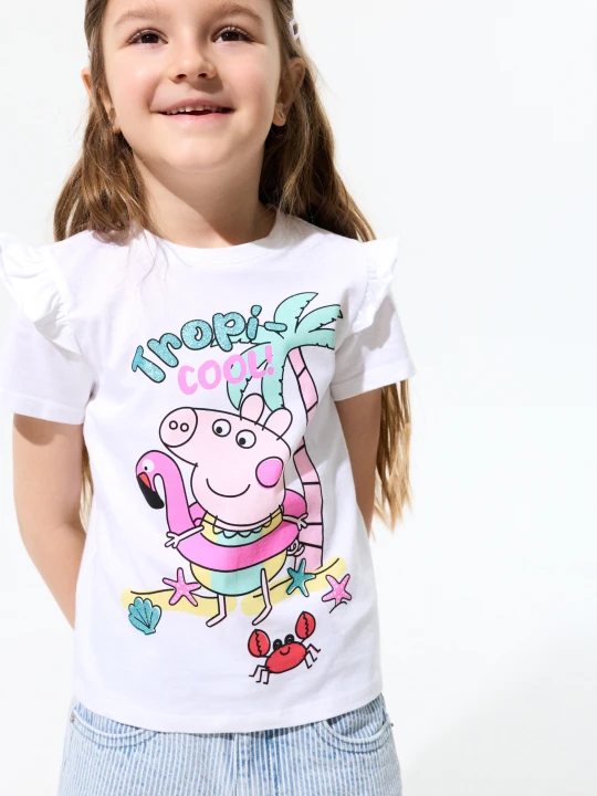 Zdjęcie produktu Sinsay - Bawełniana koszulka z falbankami Peppa Pig - kremowy