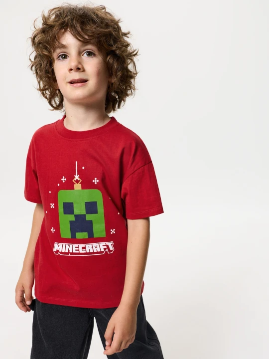 Zdjęcie produktu Sinsay - Bawełniana koszulka z motywem świątecznym Minecraft - czerwony