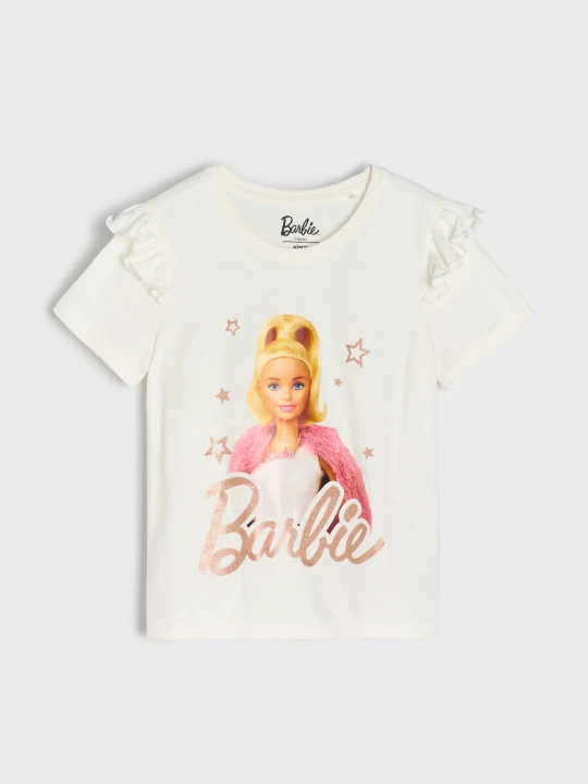 Zdjęcie produktu Sinsay - Bawełniana koszulka z nadrukiem Barbie - kremowy