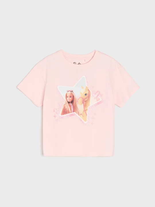 Zdjęcie produktu Sinsay - Bawełniana koszulka z nadrukiem Barbie - różowy