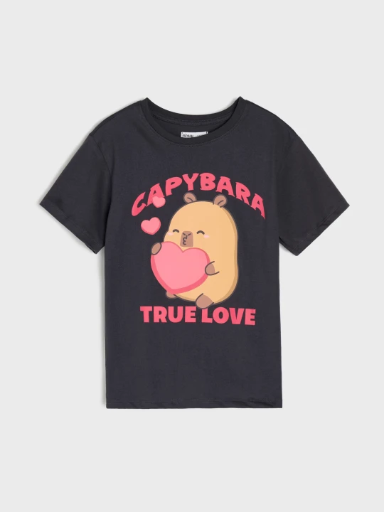 Zdjęcie produktu Sinsay - Bawełniana koszulka z nadrukiem Capybara - czarny