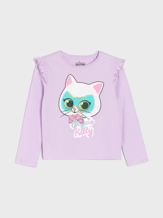 Zdjęcie produktu Sinsay - Bawełniana koszulka z nadrukiem Disney SuperKitties - fioletowy