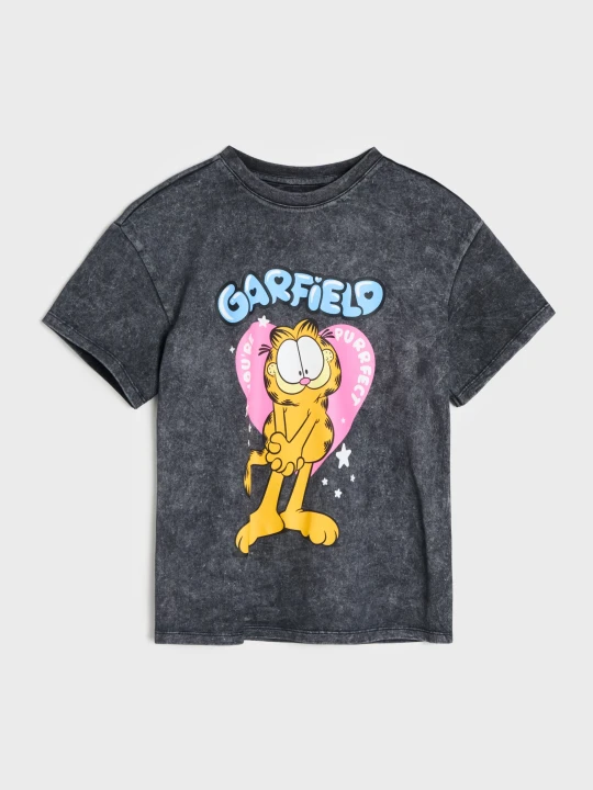 Zdjęcie produktu Sinsay - Bawełniana koszulka z nadrukiem i efektem sprania Garfield - czarny