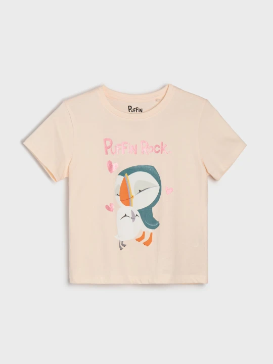 Zdjęcie produktu Sinsay - Bawełniana koszulka z nadrukiem Puffin Rock - różowy