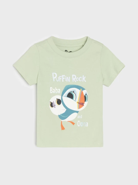 Zdjęcie produktu Sinsay - Bawełniana koszulka z nadrukiem Puffin Rock - zielony