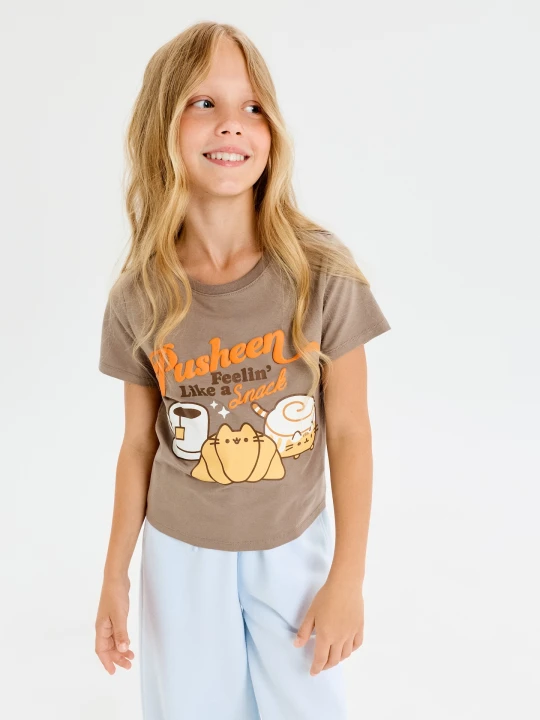 Zdjęcie produktu Sinsay - Bawełniana koszulka z nadrukiem Pusheen the Cat - brązowy