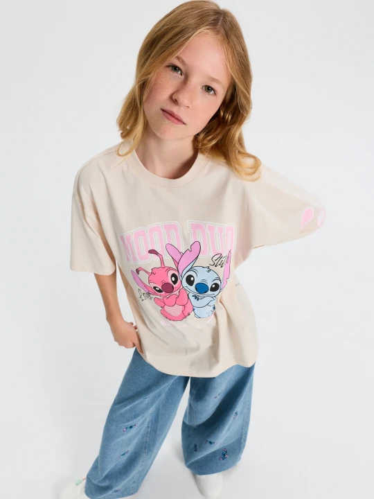 Zdjęcie produktu Sinsay - Bawełniana koszulka z nadrukiem Stitch - beżowy