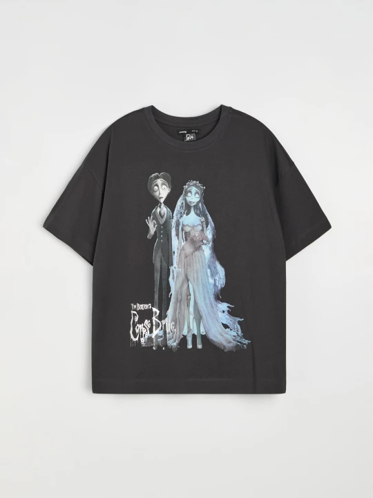 Zdjęcie produktu Sinsay - Bawełniana koszulka z nadrukiem Tim Burton’s Corpse Bride - szary