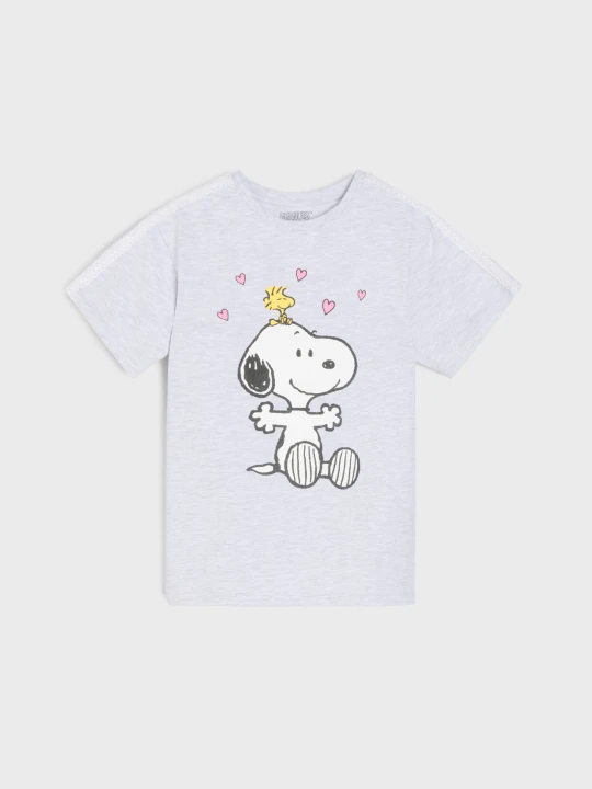 Zdjęcie produktu Sinsay - Bawełniana koszulka z ozdobną koronką na rękawach Peanuts - szary