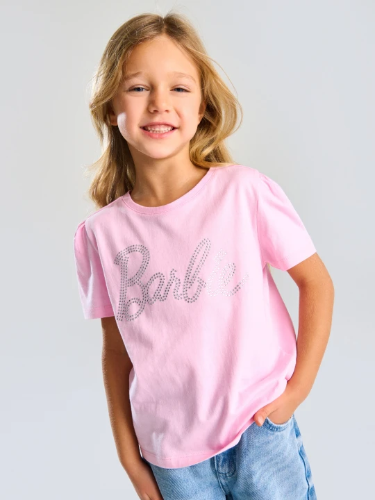 Zdjęcie produktu Sinsay - Bawełniana koszulka z ozdobnymi dżetami Barbie - różowy