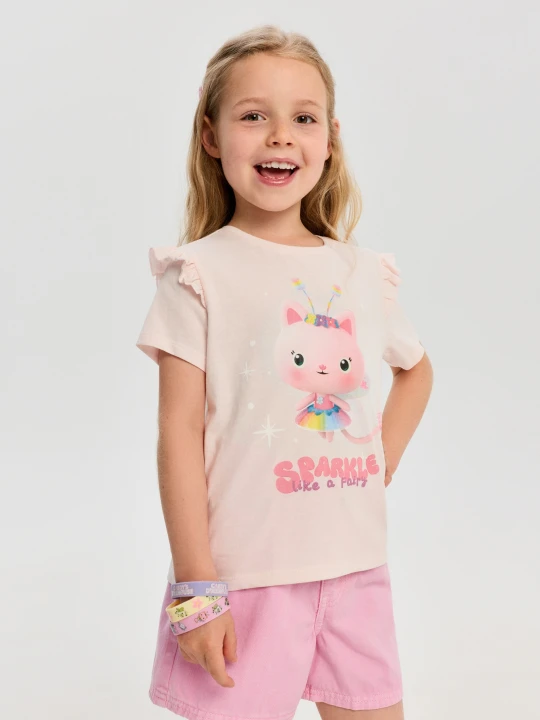 Zdjęcie produktu Sinsay - Bawełniana koszulka z ozdobnymi falbanami Gabby's Dollhouse - kremowy