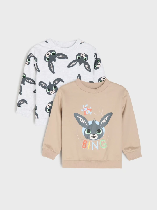 Zdjęcie produktu Sinsay - Bawełniane bluzy crewneck z nadrukiem 2 pack Bing - brązowy