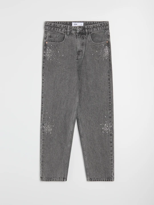 Zdjęcie produktu Sinsay - Bawełniane jeansy mom fit z ozdobnymi cyrkoniami - szary