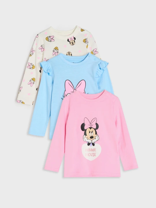 Zdjęcie produktu Sinsay - Bawełniane koszulki z falbankami i błyszczącym nadrukiem Minnie Mouse 3 pack - fioletowy