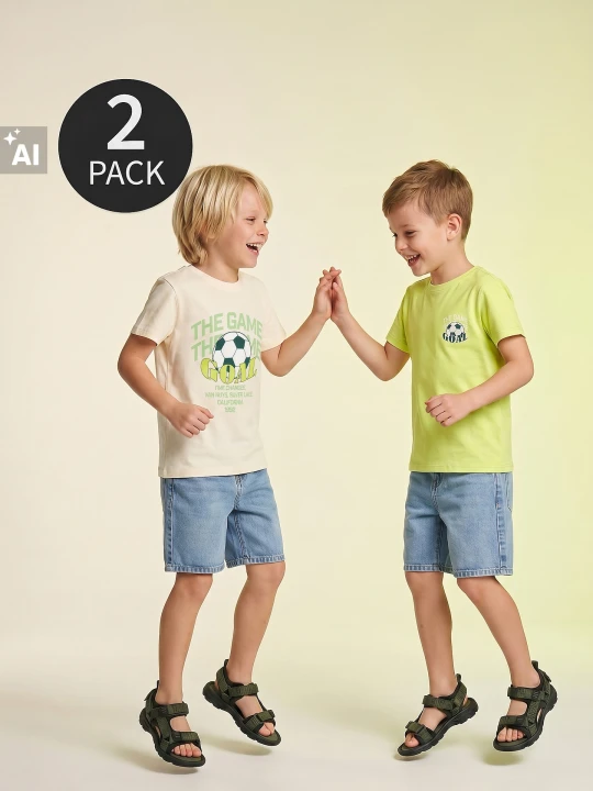 Zdjęcie produktu Sinsay - Bawełniane koszulki z motywem piłki nożnej 2 pack - kremowy