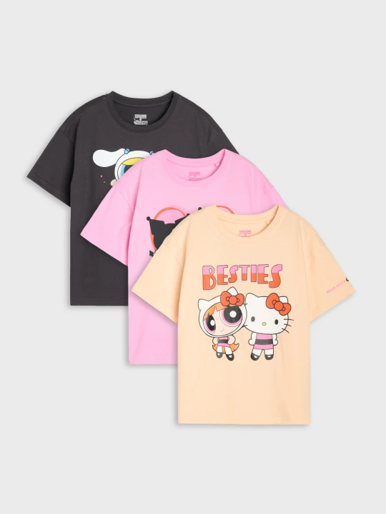 Zdjęcie produktu Sinsay - Bawełniane koszulki z nadrukiem 3 pack Hello Kitty and Friends x Powerpuff Girls - wielobarwny