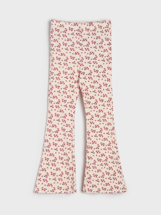 Zdjęcie produktu Sinsay - Bawełniane legginsy flare z prążkowanej dzianiny z motywem kwiatowym - kremowy