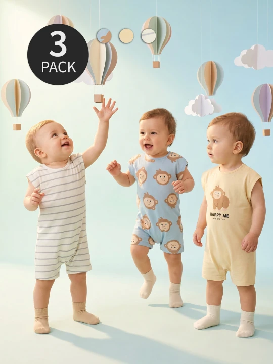 Zdjęcie produktu Sinsay - Bawełniane rampersy z motywem małpki 3 pack - kremowy