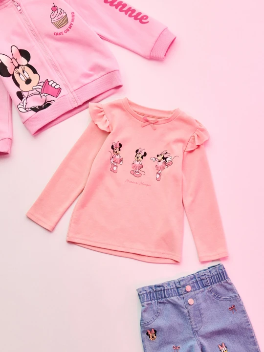 Zdjęcie produktu Sinsay - Bawełniania koszulka z falbanką i nadrukiem Minnie Mouse - różowy