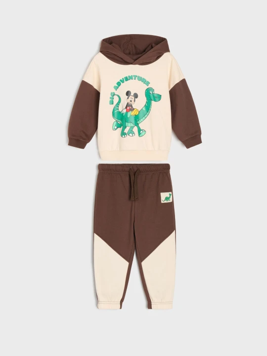 Zdjęcie produktu Sinsay - Bawełniany komplet: bluza hoodie i spodnie jogger z nadrukiem Mickey Mouse - beżowy