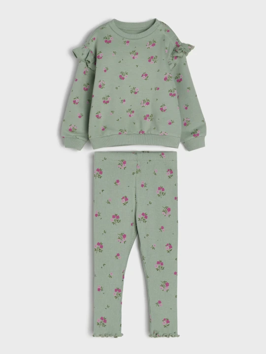 Zdjęcie produktu Sinsay - Bawełniany komplet: bluza z falbanami i legginsy z motywem kwiatowym - zielony