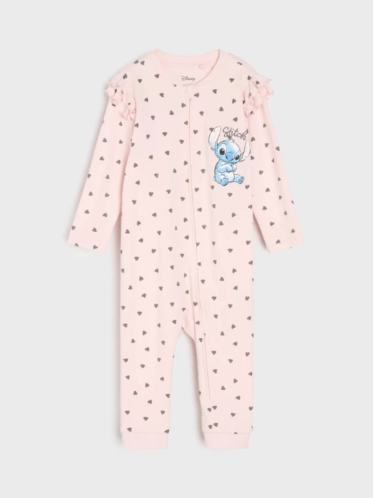 Zdjęcie produktu Sinsay - Bawełniany pajacyk z haftowanym napisem i ozdobnymi falbanami Stitch - różowy