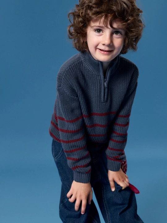 Zdjęcie produktu Sinsay - Bawełniany sweter half-zip w paski - granatowy