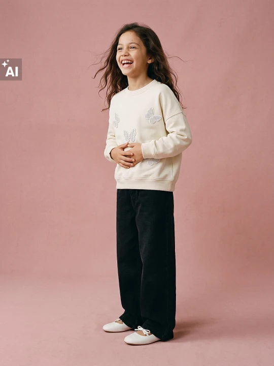 Zdjęcie produktu Sinsay - Bluza crewneck z bawełną i naszywkami w kształcie motyli - kremowy