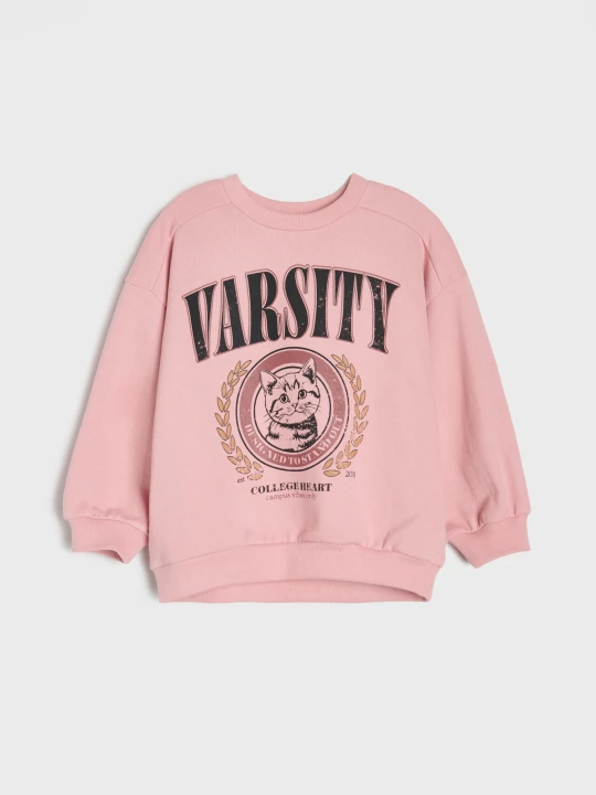 Zdjęcie produktu Sinsay - Bluza crewneck z nadrukiem kota z dzianiny terry - różowy