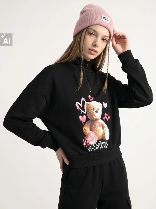 Zdjęcie produktu Sinsay - Bluza half-zip z nadrukiem misia - czarny