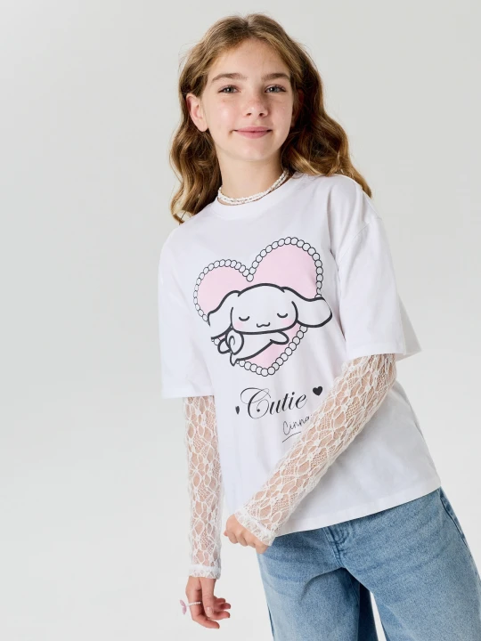 Zdjęcie produktu Sinsay - Bluzka z nadrukiem i koronkowymi rękawami Cinnamoroll - biały
