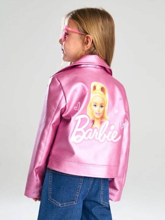 Zdjęcie produktu Sinsay - Błyszcząca ramoneska z imitacji skóry z nadrukiem na plecach Barbie - różowy