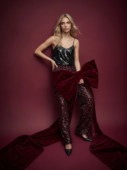 Zdjęcie produktu Sinsay - Cekinowe spodnie wide leg - bordowy