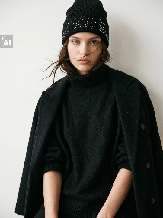 Zdjęcie produktu Sinsay - Czapka beanie z domieszką wiskozy i cyrkoniami - czarny
