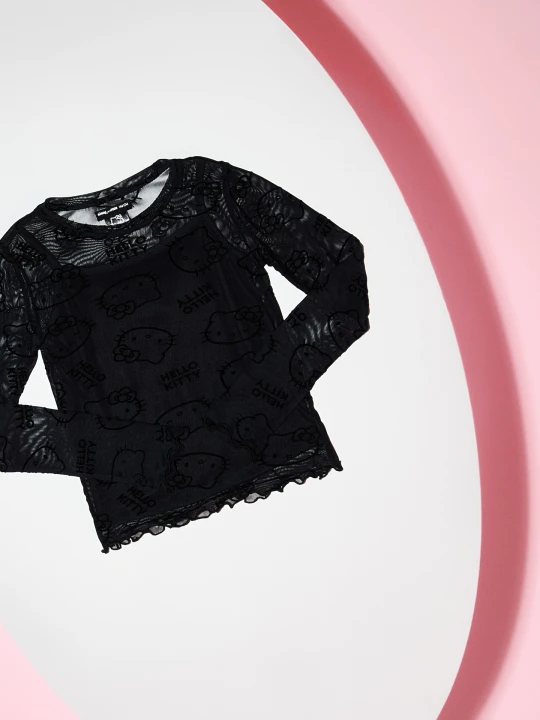 Zdjęcie produktu Sinsay - Dwuwarstwowa bluzka z siateczki z flokowanym nadrukiem Hello Kitty - czarny
