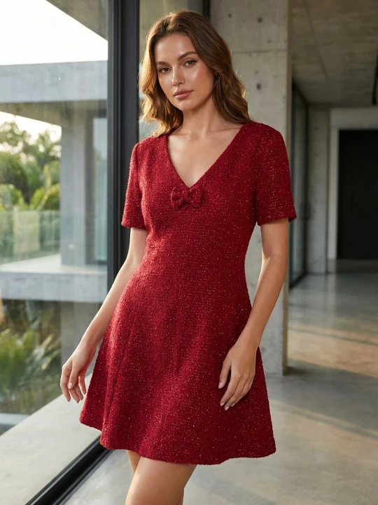Zdjęcie produktu Sinsay - Elegancka sukienka mini z ozdobną kokardą - bordowy