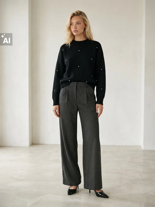 Zdjęcie produktu Sinsay - Eleganckie spodnie wide leg z zakładkami w drobną pepitkę - szary
