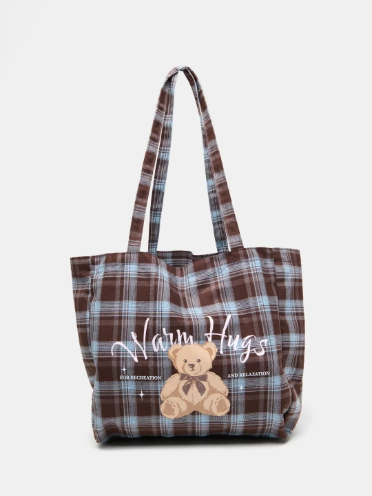 Zdjęcie produktu Sinsay - Flanelowa torba shopper w kratę z nadrukiem misia - wielobarwny