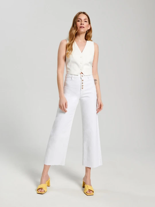 Zdjęcie produktu Sinsay - Jeansy cropped high waist - kremowy