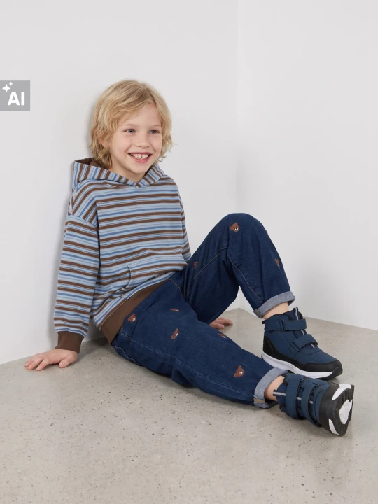 Zdjęcie produktu Sinsay - Jeansy pull on loose z haftem misiów - granatowy