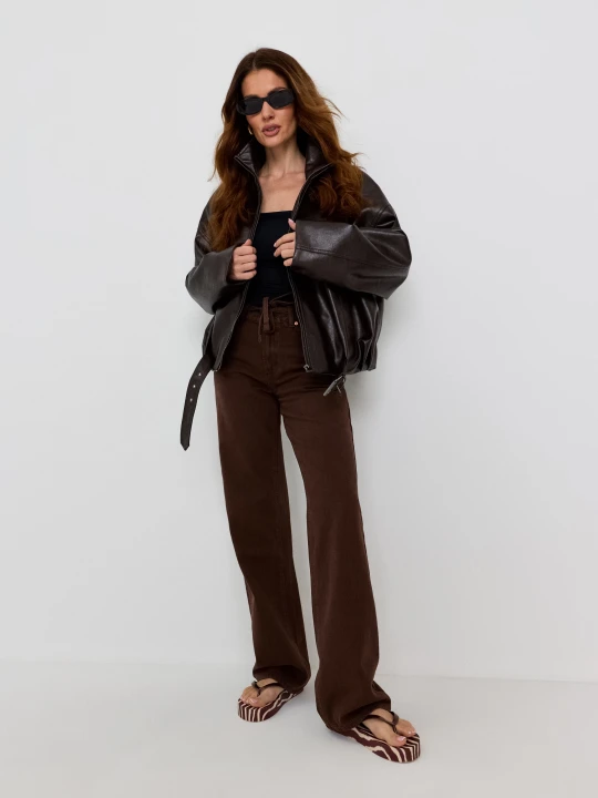 Zdjęcie produktu Sinsay - Jeansy straight wide leg z wysokim stanem - brązowy