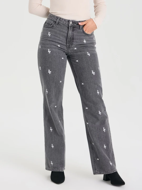 Zdjęcie produktu Sinsay - Jeansy wide leg high waist z kwiatowym haftem - szary