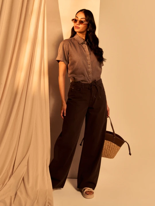 Zdjęcie produktu Sinsay - Jeansy wide leg high waist z materiałowym paskiem - brązowy