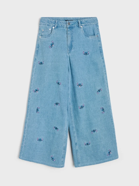 Zdjęcie produktu Sinsay - Jeansy wide leg oversize z haftem Stitch - niebieski