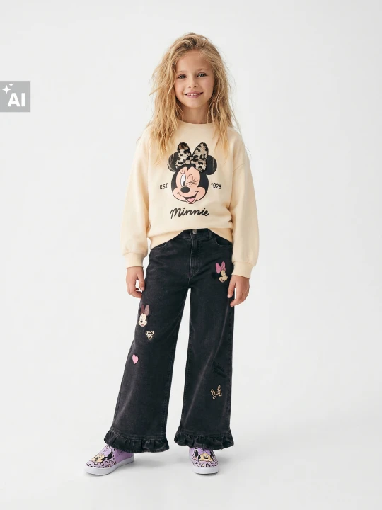 Zdjęcie produktu Sinsay - Jeansy wide leg z domieszką wiskozy Minnie Mouse - szary